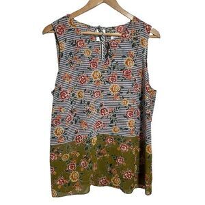 CAbi #5354 Penelope Blouse Floral Print Striped Keyhole Tie Detail Top XL